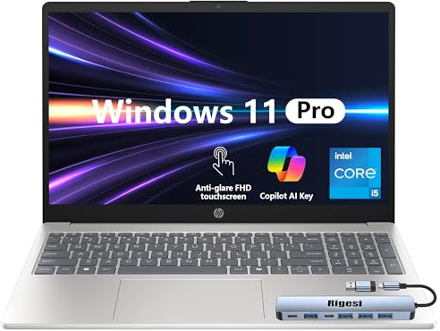HP 15.6 FHD Touch Laptop, Intel i5, 16GB RAM, 512GB SSD, Windows 11 Pro, Wi-Fi 6, Flagship Business Laptop Bundle with Docking Station – Natural Silver