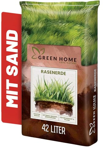 Green Home Rasenerde 42 Liter Sack – Spezialerde zur Rasen-Neuanlage, Nachsaat und Regeneration, mit Startdünger und Sand. Gebrauchsfertige, feinkrümelige Erde für Rasenflächen und Kahlstellen