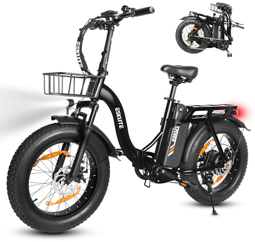 ESKUTE Bicicleta Eléctrica Plegable para Adultos D202 Pro, Fat Bike 20×4.0 con Cesta Delantera, Batería Extraíble 48V 20,8Ah, Motor 250W, hasta 100KM