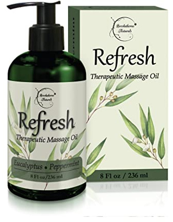 Refresh Massage Oil for Massage Therapy with Eucalyptus & Peppermint Essential Oils - All Natural - Ideal for Full Body Relaxation – Nut Free Formula 8oz