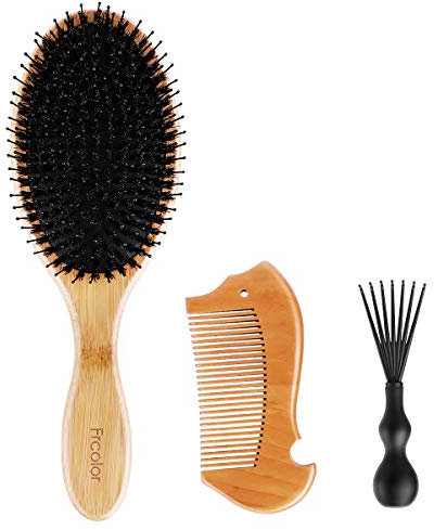Haarbürste Natürliche Wildschweinborsten Haarbürsten Set für Damen und Herren, Bambus Paddle Haarbürste Geeignet für alle Haartypen und Länge, Inbegriffen Holz