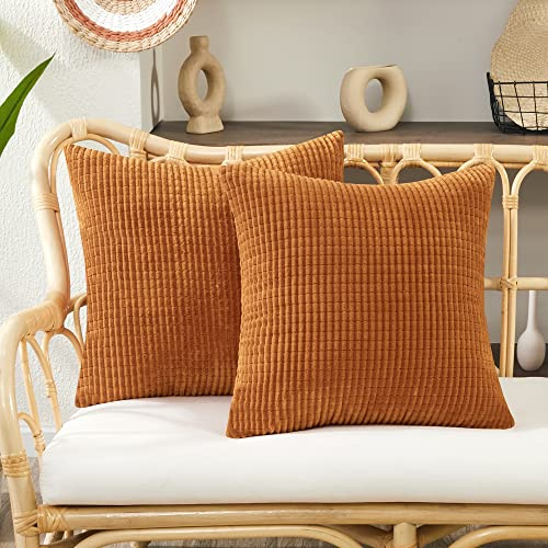 Deconovo Set of 2 Super Soft Corduroy Cushion Covers 50cm x 50cm, 20x20 Inches Grid Throw Pillow Covers, Square Pillow Casess Cushion Covers for Dining Chairs(Caramel, 2 Pieces)