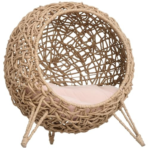 PawHut Cama Cueva de Ratán para Gatos o Mascotas Pequeña con Base Trípode Cojín de Felpa y Algodón Suave Diseño Elevado Estable Φ52x58 cm Madera Natural