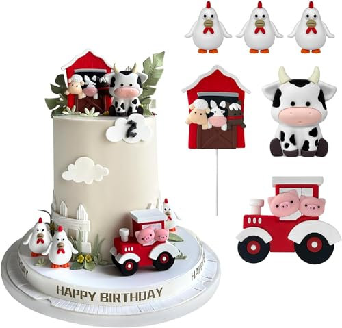 Decoracion Pastel Granja, 6pcs Decoracion Tarta Animales Granja, hay Vacas, Gallinas, Lechones, Caballos y Vacas y Ovejas, Aptos para Decorar Tartas de Cumpleaños Infantiles (Rojo)