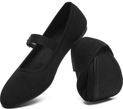 HEAWISH Women's Ballet Flat Shoes Mary Jane Pointed Toe Mesh Flats,Comfortable Slip on Ladies Shoe with Adjustable Strap,Casual Office Dress Flats for Work(Black,US8)