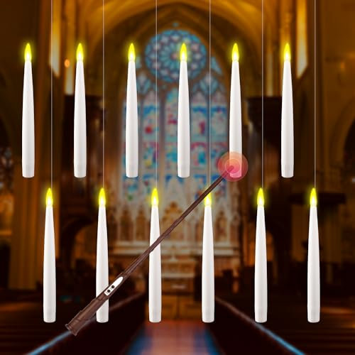 Fliegende Kerzen 12 Stück Schwebende Mit Fernbedienung Zauberstab, Warmes Licht Spitzkerzen Mit 3D Flackernde Flamme, LED für Halloween Weihnachten Hochzeit Deko