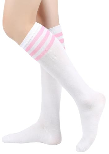 AWAVM Calcetines altos hasta la rodilla, calcetines informales hasta el muslo blancos y negros a rayas, calcetines de bota a rayas, 3 medias de tubo largo a rayas para mujeres y niñas, uso diario