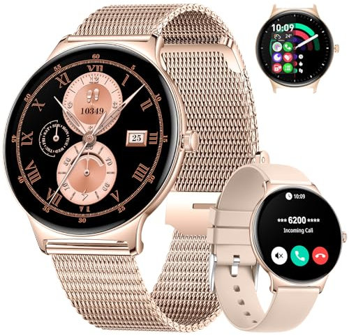 LIGE Damen Smart Watch Bluetooth Anrufe für Android iOS 1.43 AMOLED Always-on Display 7,9mm dünn Damen Smartwatch Rosegold Netz,MenstruationszyklusSchrittzähler/Kalorien,100+ Sport Mode