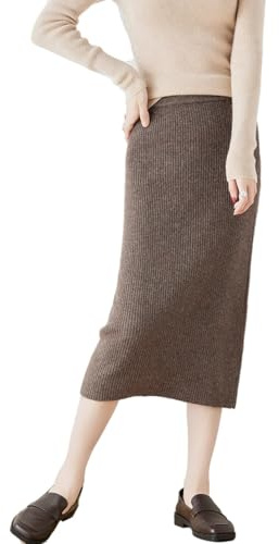 Ailaile Gonna lunga da donna, 100% lana merino, gonna lavorata a maglia, elastica, a costine, per autunno e inverno, gonne sottili, Coffero Cammello, XX-Large