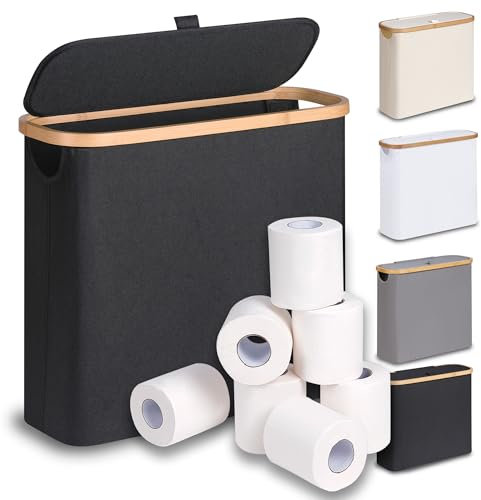 efluky 30L Toilet Roll Storage with Lid, Toilet Paper Basket, Bamboo Multifunctional Storage Basket Toilet Roll Basket for up to 9-12 Rolls, Perfect for Tight Spaces, Black