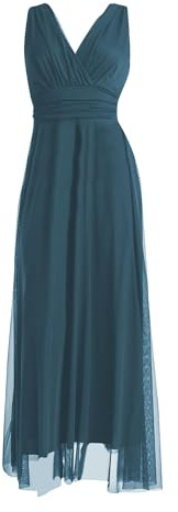 VALORIALUXE Abito Lungo da Cerimonia Donna in Tulle Elasticizzato con Scollo a V – Made in Italy (IT, Testo, XXL, Regular, Regular, Petrolio Blu)