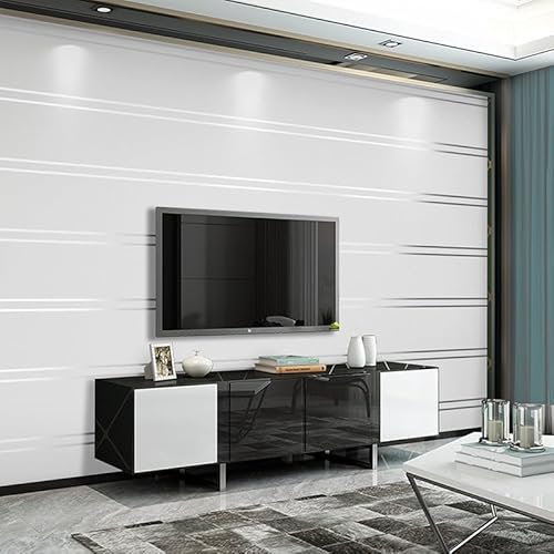 Snewvie White Texture Wallpaper Non-Woven Stripes 3D Embossed Wall Paper Silver Glitter Wallpaper Feature Stripe Modern Geometric Patterned Taupe for Livingroom Bedroom Kitchen