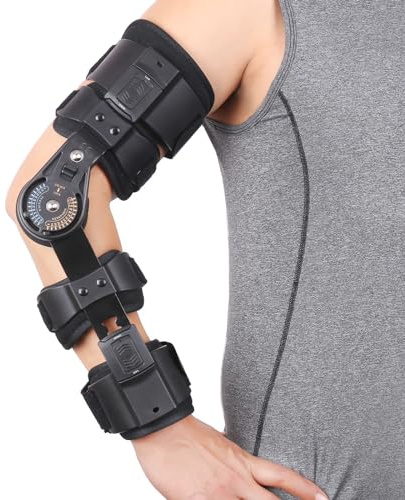 Shuyan Jiao Hinged ROM Elbow Brace Adjustable Post OP Elbow Support - Arm Stabilizer Splint for Surgery, Dislocation, Ligament & Tendon Repair Recovery w/Sling Fits Men & Women (Right)