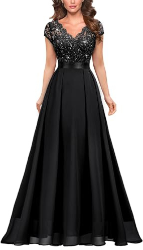 MIUSOL Women's Elegant V-Neck Lace Emprie Waist Bridesmaids Party Gown Formal Maxi Dress | Cap Sleeves, V-Neck Fitted Bodice, Emprie Waist Design, Flowy Chiffon Hem, Wedding Guest Outfits, Ceremony Gown