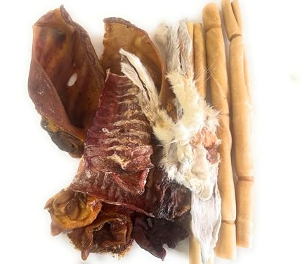 Natural Dog Treats Bundle, Mixed Variety Pack with Beef Trachea, Rabbit Ears, Buffalo Skin Rolls, Sow Ears, Pork Crunch and Pig Snouts