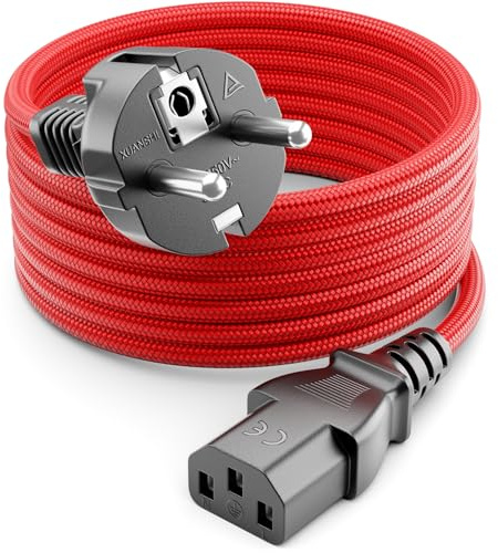 deleyCON 2m Cavo Alimentazione - Linea Nylon - Cavo Corrente Alimentazione 3 Poli Spina Tipo F a Presa C13 PC Computer Monitor Stampante Proiettore - Rosso