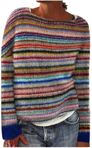 Générique Pull Norvégien Femme Hiver Chic Vintage Pull de Noël Jacquard Tricoté Chaud Manches Longues Col Rond Tunique Élégant Sweater Doux Automne Haut Décontracté Oversize Grande Taille