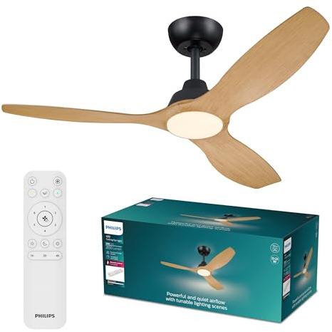 Philips Olas Ventilador de Techo con Luz LED, 3 aspas, Diámetro 132 cm, 2650 Lúmenes, Luz Blanca Ajustable de 3000 K a 6500 K, Regulable al 5%, Mando a Distancia Incluido, Negro/Madera