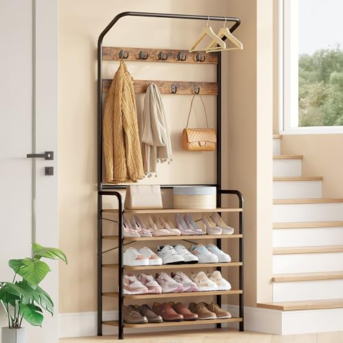 Hzuaneri Coat Stand, Coat Rack with Shoe Storage, Rustic Brown