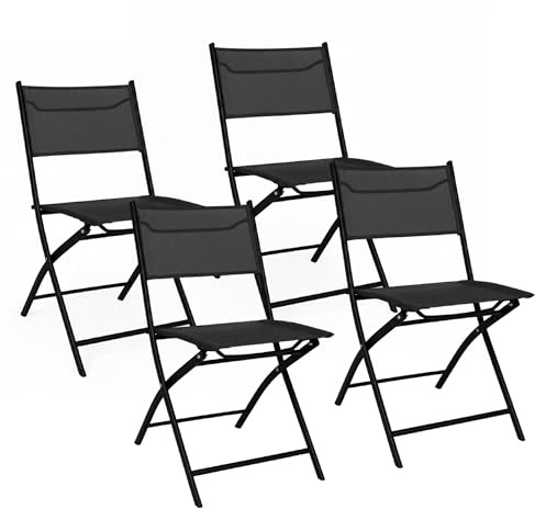 Baroni Home Set 4 Sedie da Esterno Pieghevoli, Seduta da Giardino Richiudibili con Tessuto Impermeabile e Traspirante, Sedie Salvaspazio per Balcone, Terrazzo e Campeggio, 45x45x80 cm (Nero)