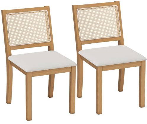 HOMCOM Lot de 2 chaises de Salle à Manger Assise Rembourrée Crème et Chêne | Chaises de Cuisine, Dossier Effet Rotin, Structure en Bois d'hévéa Massif, Tissu Aspect Lin