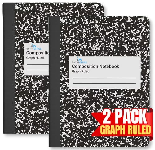 1InTheOffice Graph Paper Composition Notebook, Graph Ruled notebook, Quad Ruled Composition Notebook, 80 Sheets, 7.5 x 9.75, Black, 2 Pack