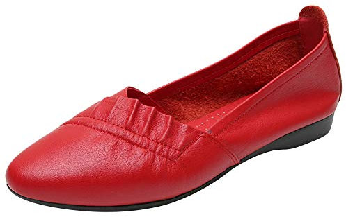 Jamron Women Genuine Leather Pointed Toe Soft Sole Ballet Flats Pumps Red SN02540 UK3.5