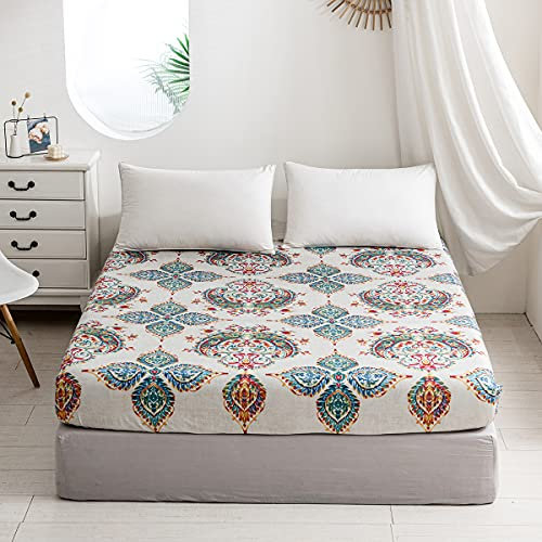 Damier Boho Spannbettlaken 180x200cm Bohemian Indische Mandala Spannbetttuch Weiche Mikrofaser Boxspringbett Bettlaken geeignet für Matratzen von 30cm
