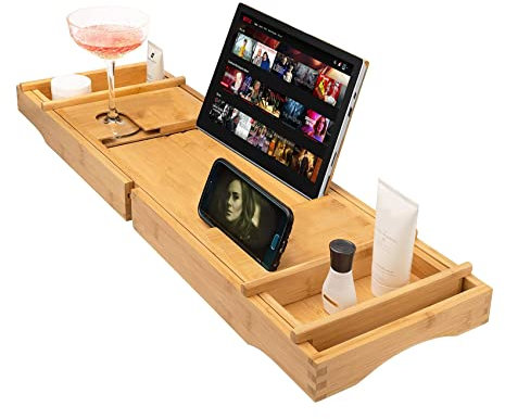 100% Natural Bamboo Bath Tub Multifunction Extendable Caddy Tray - for Bath Time Escapes Rest & Relaxation - Holds Wine Glass, Candles/Tealights, Tablet Device or Book Rest.