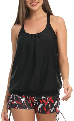 IHCEMIH Swimming Costume Women Tankinis Sets Push up Tummy Control High Waisted Modest Swimwear Swimsuits Bathing Suit Beach Wear Women's Two Pieces Blouson Tankini with Floral Black Shorts L