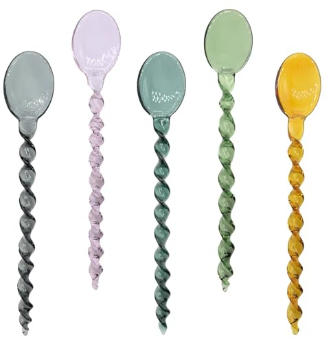 TMXAOK 5 Pieces Glass Stirring Spoons Clear Crystal Coffee Cocktail Mixing Spoon Teaspoons with Spiral Handle Salt Sugar Ice Cream Yogurt Jam Dessert Scoop Swizzle Stick Stirrer for Bar Cafe Party