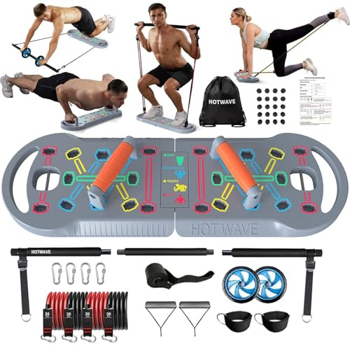 HOTWAVE Equipo de Ejercicio portátil con 16 Accesorios de Gimnasio. Tabla de Ejercicios 20 en 1, Bandas de Resistencia con Rodillo Abdominal, Entrenamiento de Cuerpo Completo en casa