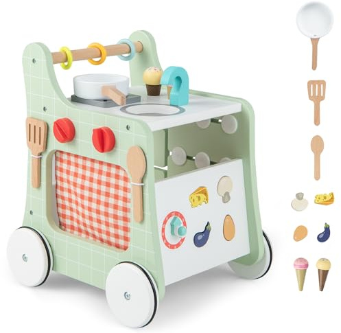 COSTWAY 6-i-1 gåstol av trä, läromedel med lekkök, lärour, formjustering och rörliga skjutreglage, barnkök baby walker med hjul för barn från 1 år (grön)