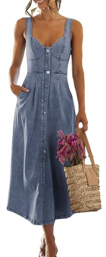ebossy Abito in denim elasticizzato con punto smock per le donne senza maniche Babydoll Button Down Midi Abiti lunghi Jean, Azzurro chiaro, M