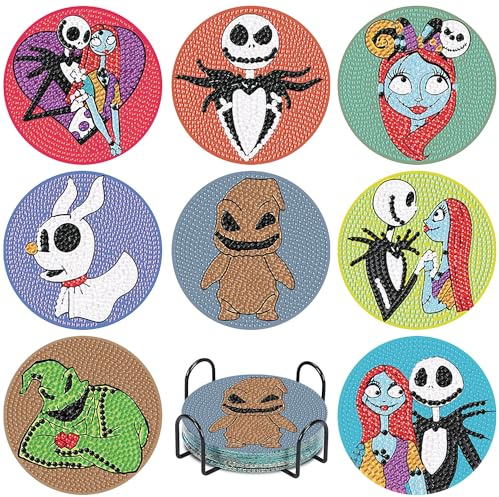 8Pcs Diamond Painting Coasters with Holder,DIY Halloween Life Coaster Diamond Art Kits for Adults, Full Drill Rhinestone Painting Kits for Adults & Kids,Beginners Art Craft Supplies