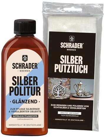 SCHRADER silvervårdsset – silverpolermedel och silverrengöringsduk för smycken och bestick – tar bort startpunkter – 2 delar