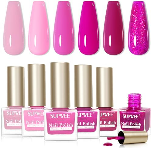 SUPWEE Set di smalti 6 colori a base di olio Rosa nudo, rosso Lucidante asciugatura rapida, non necessita di lampada UV Gel nail art fai da te
