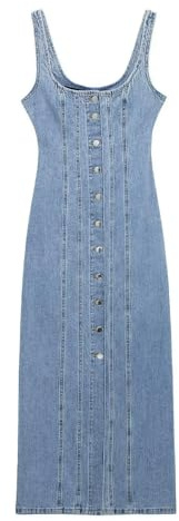 ZBJZUIMEI Abito Donna Invernale Denim da Donna in Denim Lungo Abbigliamento Abbottoni Senza Maniche Canotte Jean Maxi Abito con Tasche-Blu-l