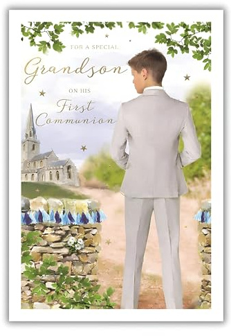 IC&G Special Grandson First Communion Congratulations Card - Communion Congratulations Card for Boys with Artistic Boy at Church Design and an Embossed Foil Finish