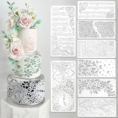 8 Pcs Retro Cake Stencils Lace Cake Templates Set Floral Leaf Butterfly Music Notes Clock Wedding Icing Stencils Cake Molds Cookie Dessert Buttercream Decorating Baking Supplies Mesh Printing for Cake