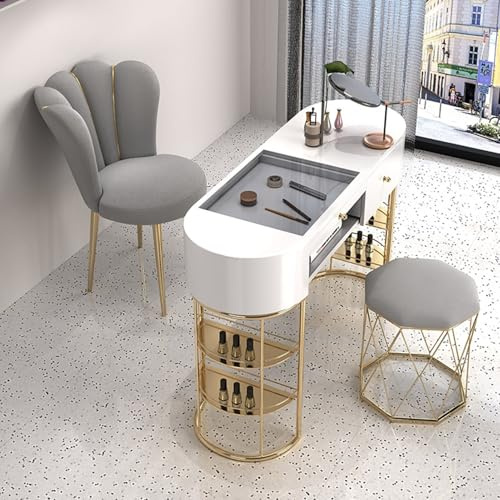 Mesa de trabajo para uñas, escritorio de manicura profesional con parte superior de cristal y gabinete abierto para salón de belleza, estación de suministros de arte de uñas de doble capa (asiento y