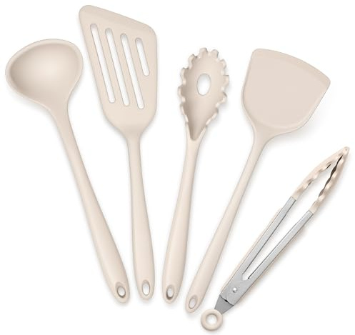 Joyfair Juego de utensilios de cocina, 5 unidades, de silicona caqui, resistentes al calor, juego de cocina con espátula para cocinar y hornear, saludable y antiadherente, apto para lavavajillas