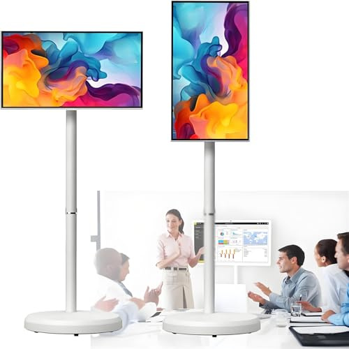 Portable Smart TV with Touchscreen Display, Smart Touchscreen Monitor Rolling TV on Wheels, Wireless Portable TV on Wheels with Voice Control Android OS 8G RAM+128G Storage 24inches