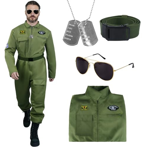 Kitimi Costume da Pilota, Costume da Pilota per Uomo, Costumi di Caccia Portare Collana e Occhiali da Sole, Abbigliamento da Fighter di Jet, Costumi da Fighter per Adulti per Carnevale Halloween