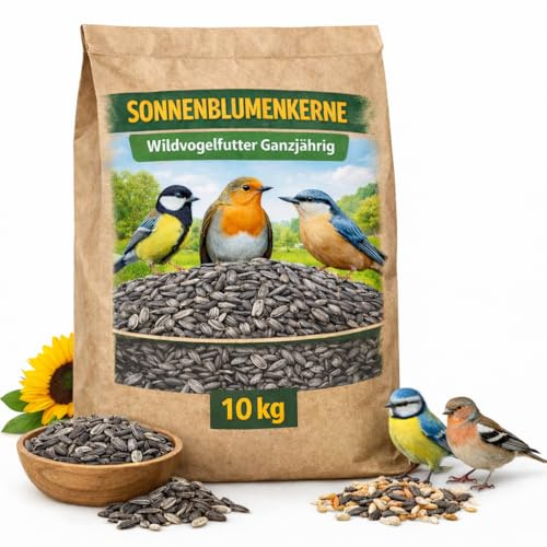 Sonnenblumenkerne 10 kg, Vogelfutter Wildvögel ganzjährig, Wildvogelfutter Ganzjahresfutter, Fett-& Energiereich, Kernfutter für alle Vogelarten, Streufutter Vögel