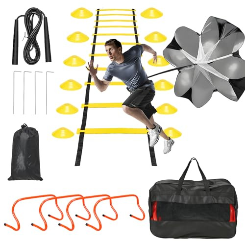 Football Training Set, Complete Set with Coordination Ladder (6 m), 12 Cones, Removable Hurdles, Skipping Rope, Resistance Bands and Resistance Umbrella, Ideal Training Accessory for Football, Agility