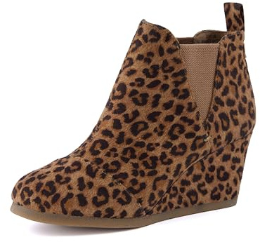 Dunes Women's Zoey Wedge Bootie, Soft Vegan Suede, Easy Slip-On Design, Memory Foam, Wide Widths Available, short boots for women low heel, LEOPARD 6