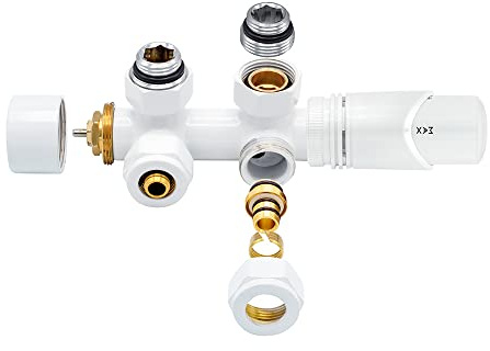 Belrad Multiblock Anschlussgarnitur Mittelanschluss, Zweirohr Heizkörperventil mit Thermostatkopf M30x1,5, 1/2 Zoll, PEX 16x2 Konus, Frostschutz, Form Eck, Größe 50 mm, Weiß