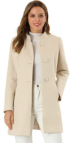 Allegra K, Abrigo de invierno para mujer, cuello alto, botonadura simple, ropa de abrigo, Beige, Large