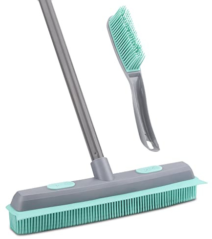 Conliwell Rubber Broom Carpet Rake for Pet Hair, Fur Remover Broom with Squeegee, Portable Detailing Lint Remover Brush (Iron Handle)
